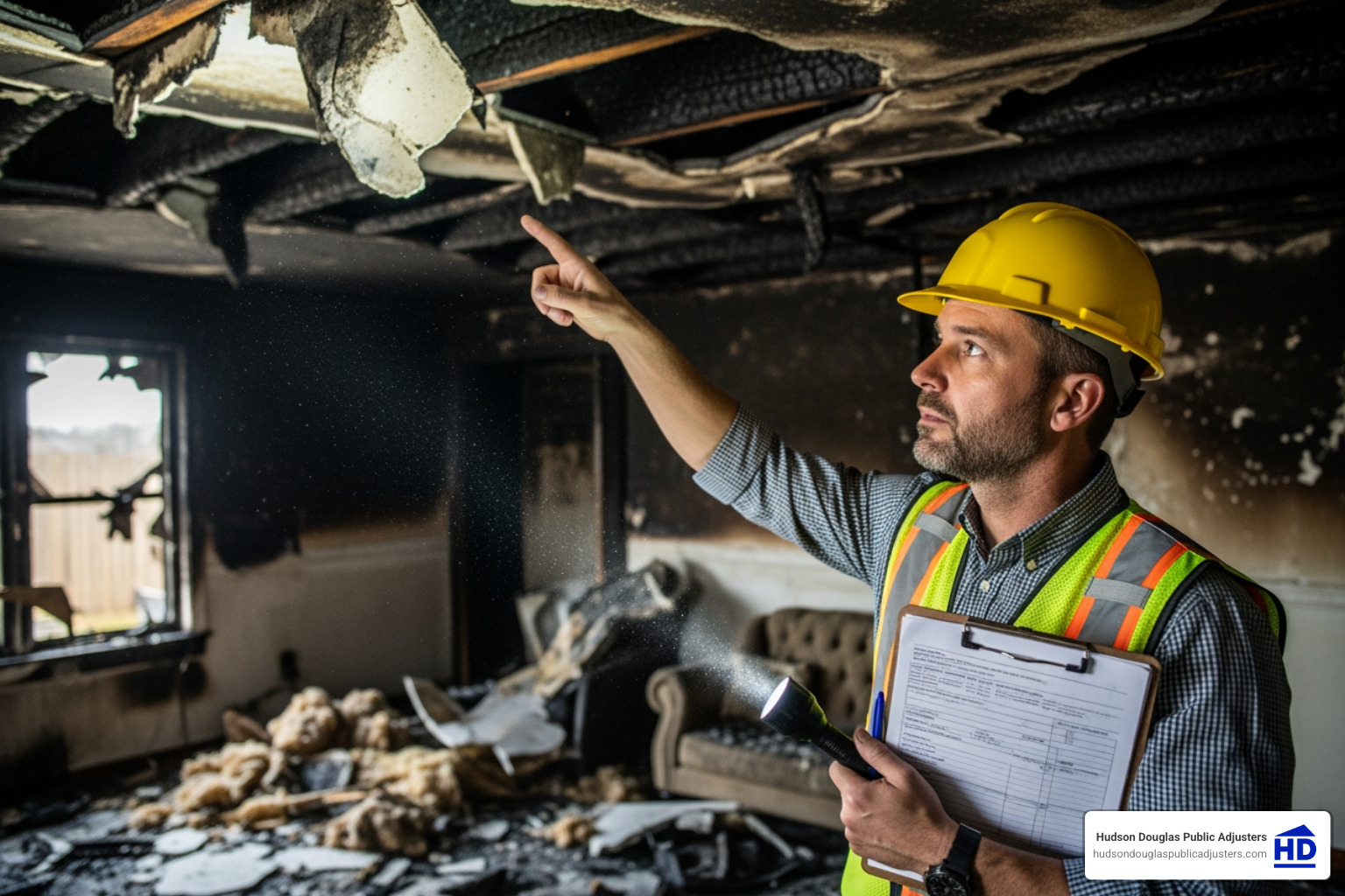 A public adjuster in a hard hat and safety vest carefully inspecting a charred room, pointing to a damaged area. - fire damage claim adjuster A public adjuster in a hard hat and safety vest carefully inspecting a charred room, pointing to a damaged area. - fire damage claim adjuster