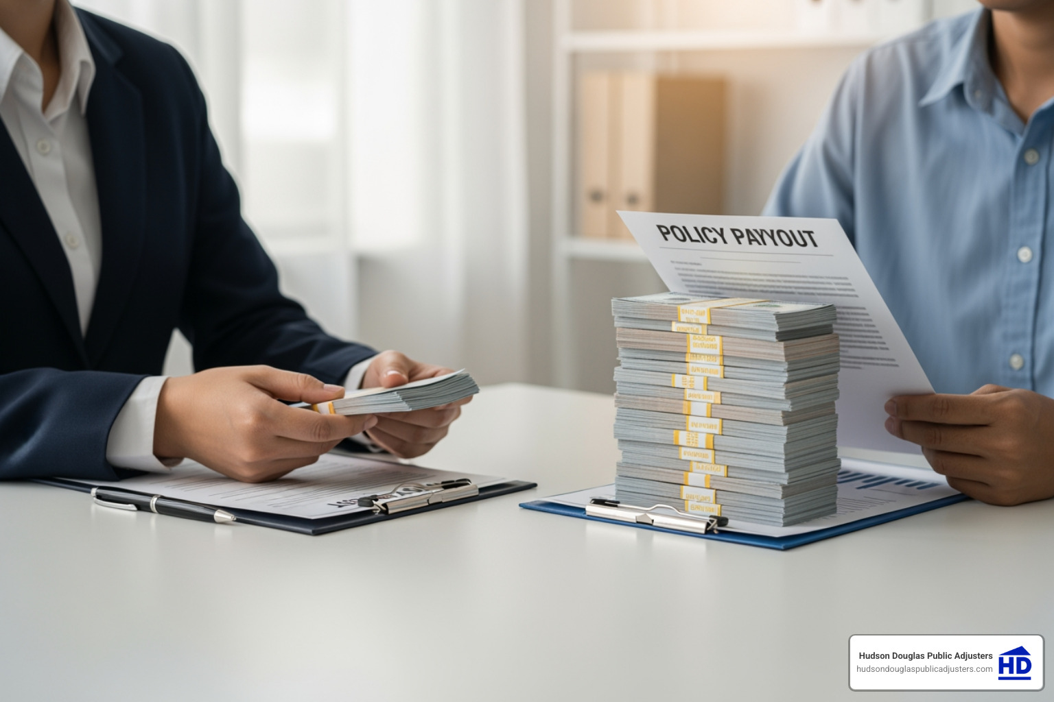 Two people sitting at a desk, one representing an insurance company with a small payout, and the other representing a policyholder with a larger, fair payout. - fire damage claim adjuster Two people sitting at a desk, one representing an insurance company with a small payout, and the other representing a policyholder with a larger, fair payout. - fire damage claim adjuster