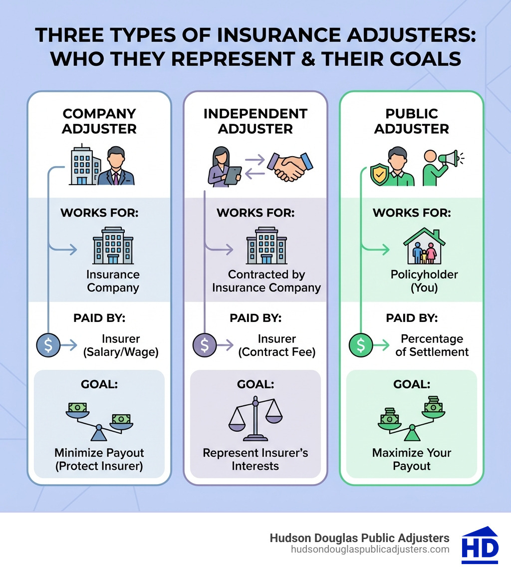 infographic showing three types of adjusters: company adjuster (works for insurance company, paid by insurer, goal is to minimize payout), independent adjuster (contracted by insurance company, paid by insurer, represents insurer's interests), and public adjuster (works for policyholder, paid by percentage of settlement, goal is to maximize your payout) - public adjuster for homeowners infographic infographic showing three types of adjusters: company adjuster (works for insurance company, paid by insurer, goal is to minimize payout), independent adjuster (contracted by insurance company, paid by insurer, represents insurer's interests), and public adjuster (works for policyholder, paid by percentage of settlement, goal is to maximize your payout) - public adjuster for homeowners infographic