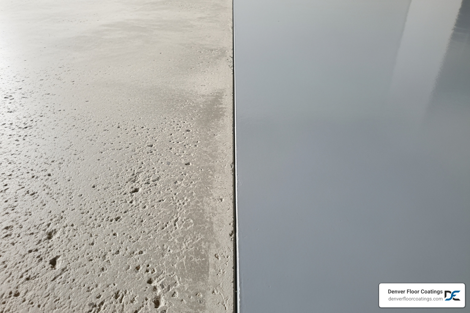 side-by-side comparison showing a porous, unfinished concrete section next to a clean, seamless coated concrete section - natural concrete floors
