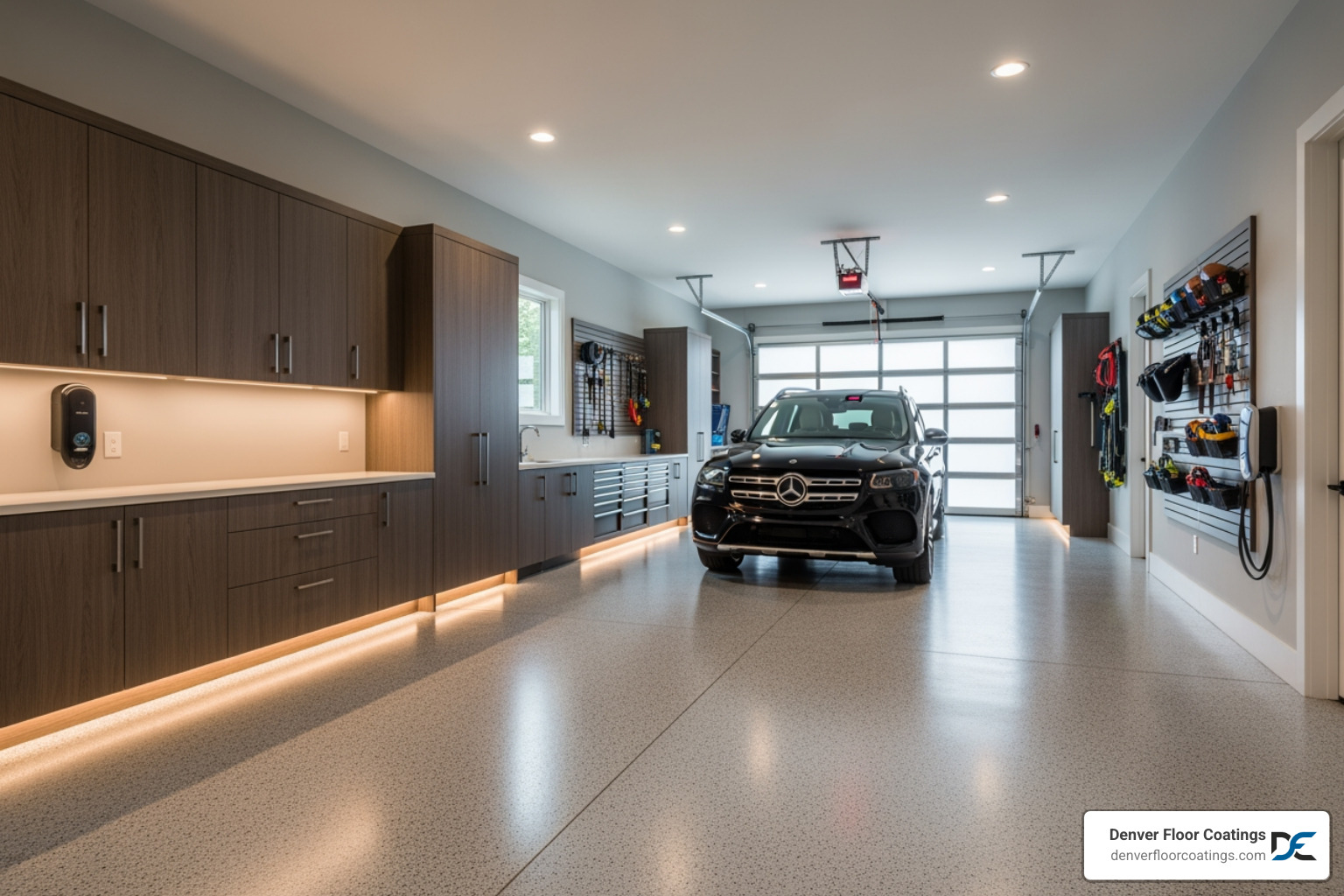 high-end residential garage with a subtle grey flake coating - natural concrete floors