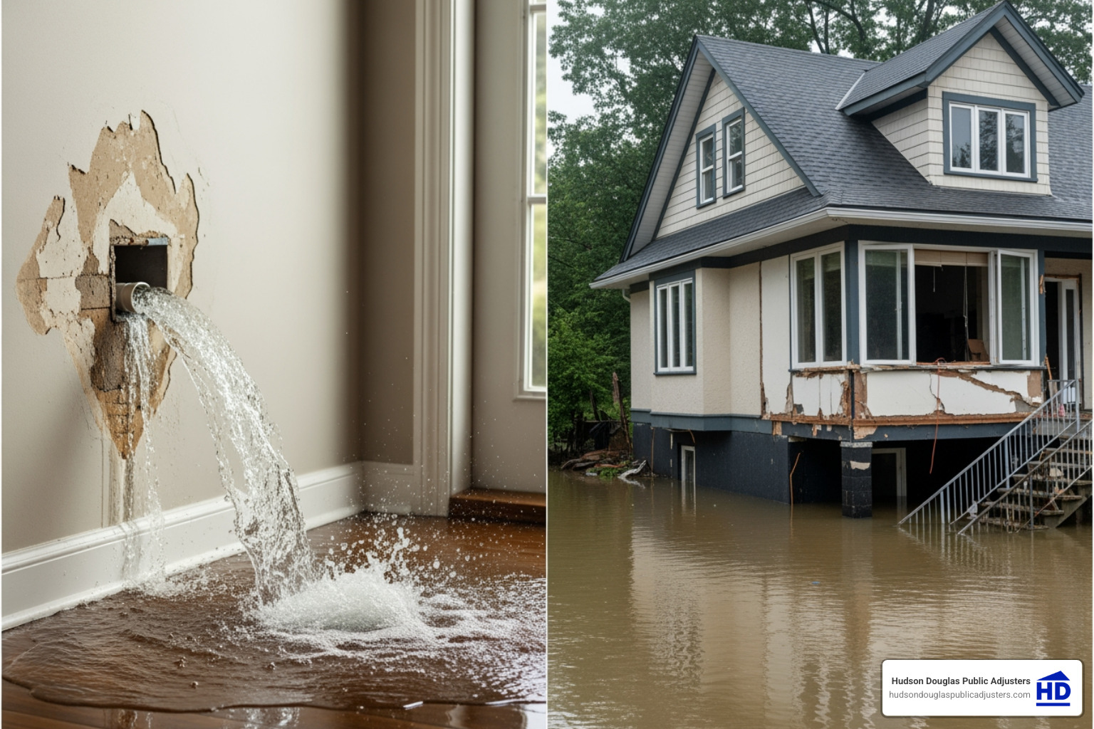 illustration of the difference between a burst pipe inside a house and floodwater rising from outside - Denied water damage claim illustration of the difference between a burst pipe inside a house and floodwater rising from outside - Denied water damage claim