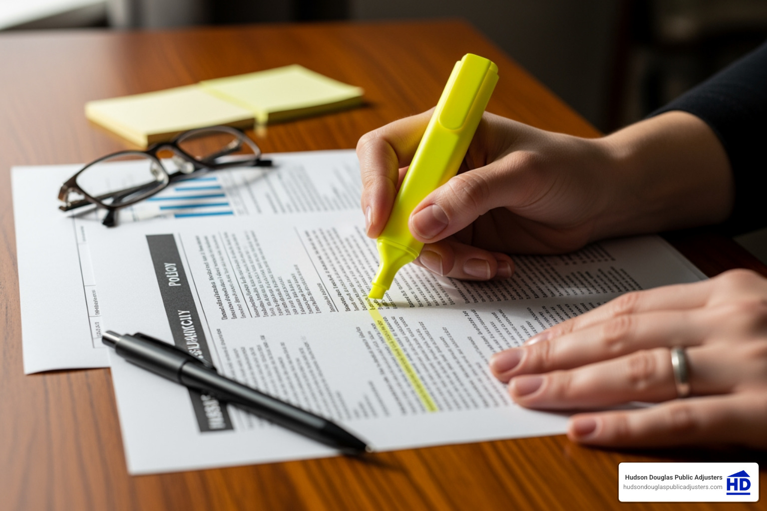 person highlighting sections of an insurance policy document - Denied water damage claim person highlighting sections of an insurance policy document - Denied water damage claim