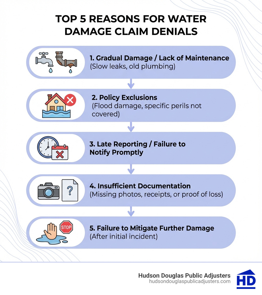 infographic showing the top 5 reasons water damage claims are denied: 1. Gradual damage or lack of maintenance (slow leaks, old plumbing), 2. Policy exclusions (flood damage, specific perils not covered), 3. Late reporting or failure to notify insurer promptly, 4. Insufficient documentation (missing photos, receipts, or proof of loss), 5. Failure to mitigate further damage after the initial incident - Denied water damage claim infographic infographic showing the top 5 reasons water damage claims are denied: 1. Gradual damage or lack of maintenance (slow leaks, old plumbing), 2. Policy exclusions (flood damage, specific perils not covered), 3. Late reporting or failure to notify insurer promptly, 4. Insufficient documentation (missing photos, receipts, or proof of loss), 5. Failure to mitigate further damage after the initial incident - Denied water damage claim infographic