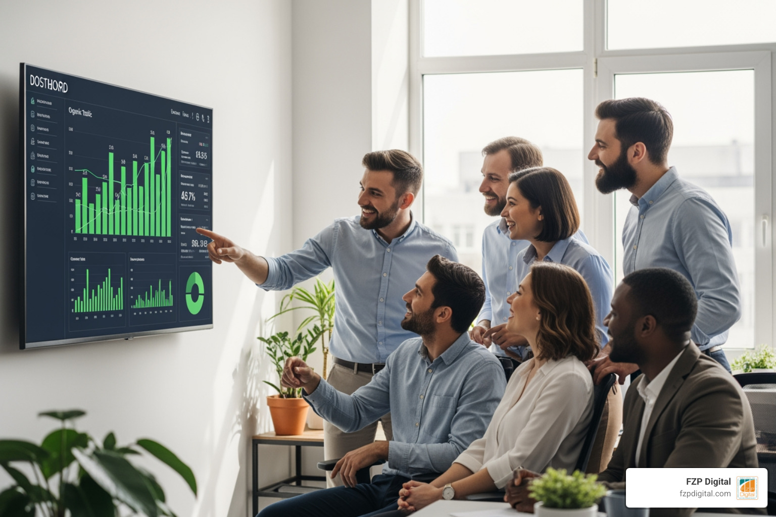 A bright, warm image of a diverse team of professionals around a table, happily reviewing a digital dashboard displaying positive trends in organic traffic, keyword rankings, and conversion rates. - seo agencies A bright, warm image of a diverse team of professionals around a table, happily reviewing a digital dashboard displaying positive trends in organic traffic, keyword rankings, and conversion rates. - seo agencies