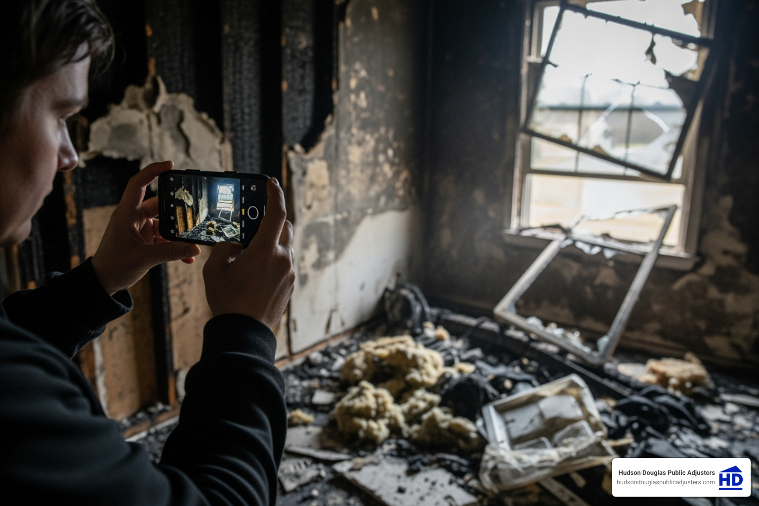 An individual uses a smartphone to take photos of fire damage inside a home, focusing on a charred wall and debris. - house fire claim An individual uses a smartphone to take photos of fire damage inside a home, focusing on a charred wall and debris. - house fire claim