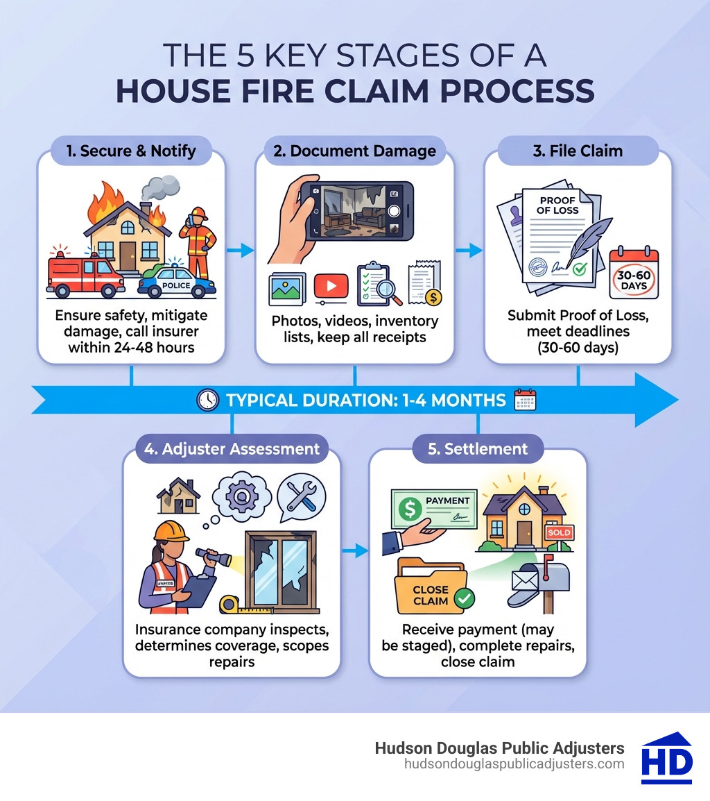 Detailed infographic showing the 5 key stages of a house fire claim process: Stage 1 shows a house with emergency services and text 'Secure & Notify - Ensure safety, mitigate damage, call insurer within 24-48 hours'; Stage 2 shows a smartphone photographing damage with text 'Document Damage - Photos, videos, inventory lists, keep all receipts'; Stage 3 shows paperwork with text 'File Claim - Submit Proof of Loss, meet deadlines (30-60 days)'; Stage 4 shows an adjuster with clipboard with text 'Adjuster Assessment - Insurance company inspects, determines coverage, scopes repairs'; Stage 5 shows a check and repaired home with text 'Settlement - Receive payment (may be staged), complete repairs, close claim'. Timeline arrow shows typical duration of 1-4 months. - house fire claim infographic Detailed infographic showing the 5 key stages of a house fire claim process: Stage 1 shows a house with emergency services and text 'Secure & Notify - Ensure safety, mitigate damage, call insurer within 24-48 hours'; Stage 2 shows a smartphone photographing damage with text 'Document Damage - Photos, videos, inventory lists, keep all receipts'; Stage 3 shows paperwork with text 'File Claim - Submit Proof of Loss, meet deadlines (30-60 days)'; Stage 4 shows an adjuster with clipboard with text 'Adjuster Assessment - Insurance company inspects, determines coverage, scopes repairs'; Stage 5 shows a check and repaired home with text 'Settlement - Receive payment (may be staged), complete repairs, close claim'. Timeline arrow shows typical duration of 1-4 months. - house fire claim infographic