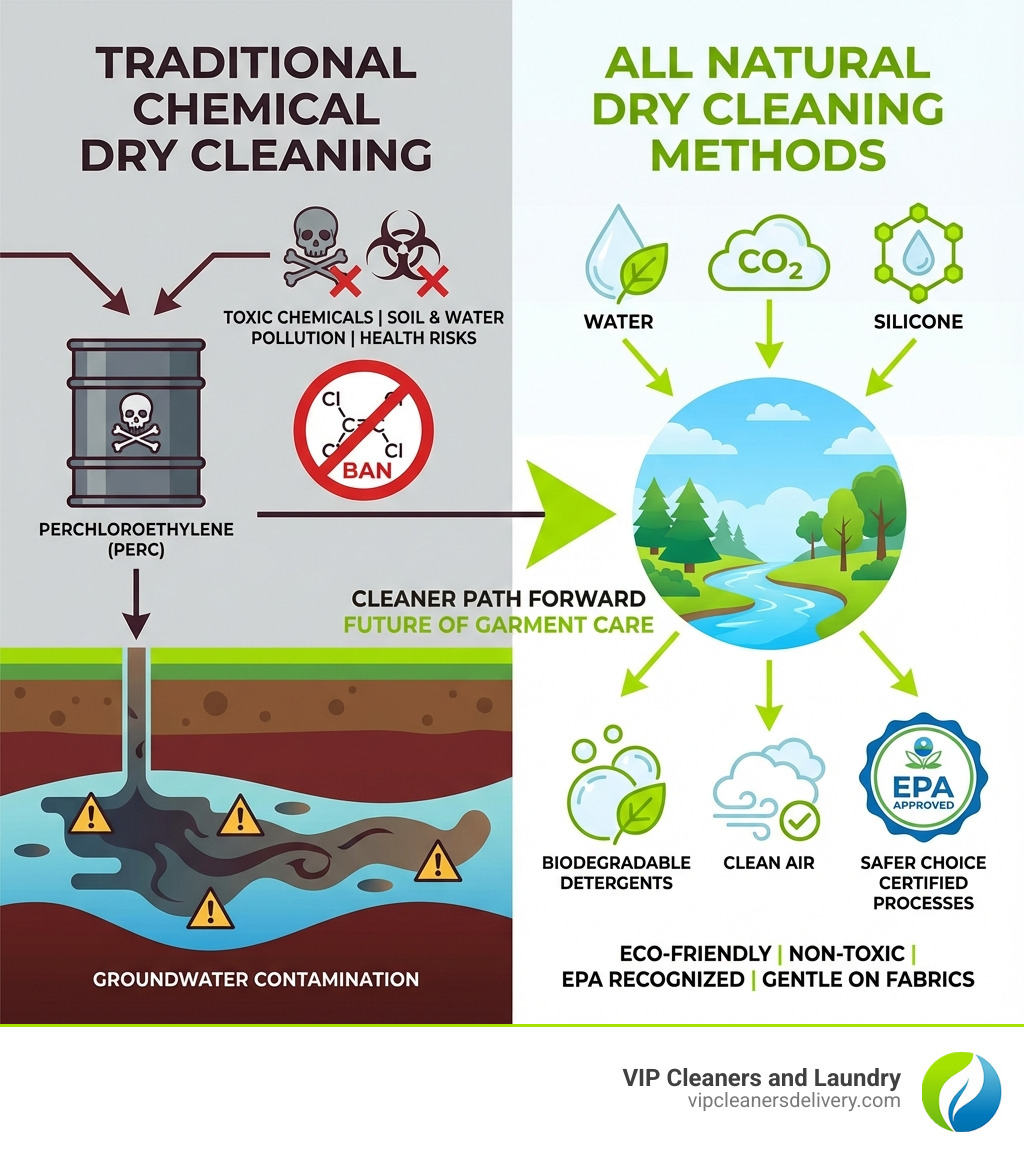 Infographic comparing traditional chemical dry cleaning process using perchloroethylene showing toxic chemical symbols and groundwater contamination versus all natural dry cleaning methods using water, CO2, and silicone showing clean air, biodegradable detergents, and EPA approval badges - all natural dry cleaners infographic 