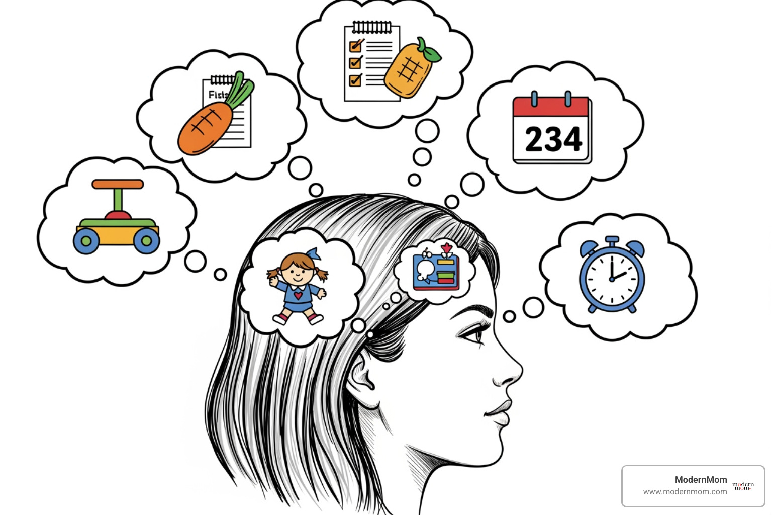 Mom’s head with thought bubbles representing mental load - mom stress relief