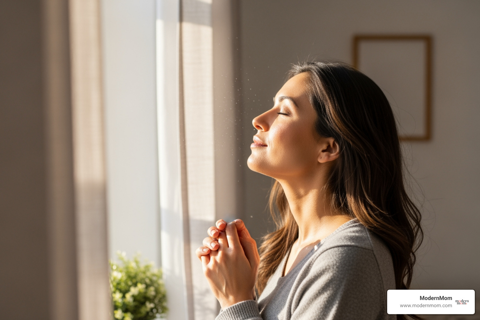 A mom taking a deep, calming breath by a window, finding a moment of peace amidst her busy day. - mom stress relief