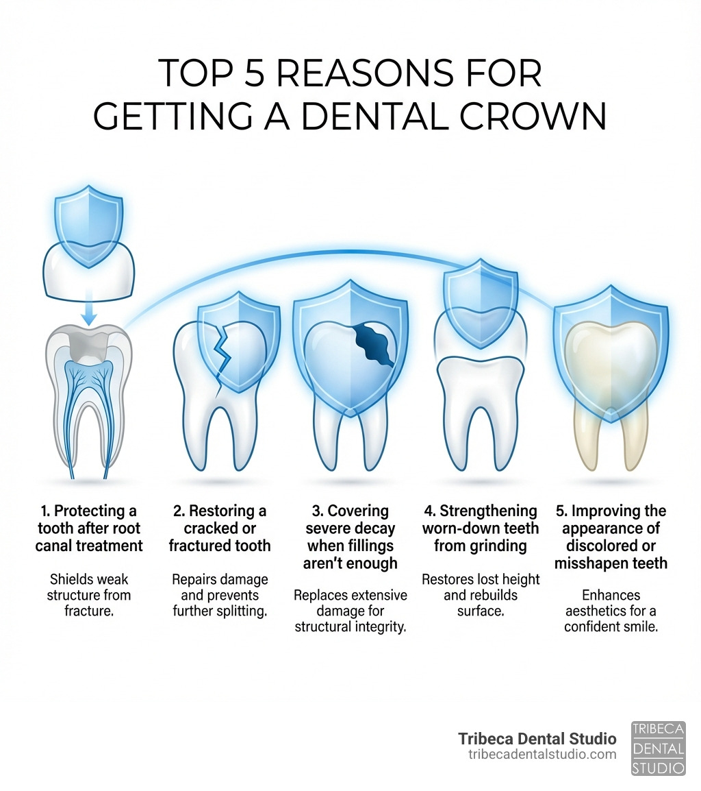 Infographic explaining the top 5 reasons for getting a dental crown: 1. Protecting a tooth after root canal treatment, 2. Restoring a cracked or fractured tooth, 3. Covering severe decay when fillings aren't enough, 4. Strengthening worn-down teeth from grinding, 5. Improving the appearance of discolored or misshapen teeth - Manhattan dental crowns infographic 