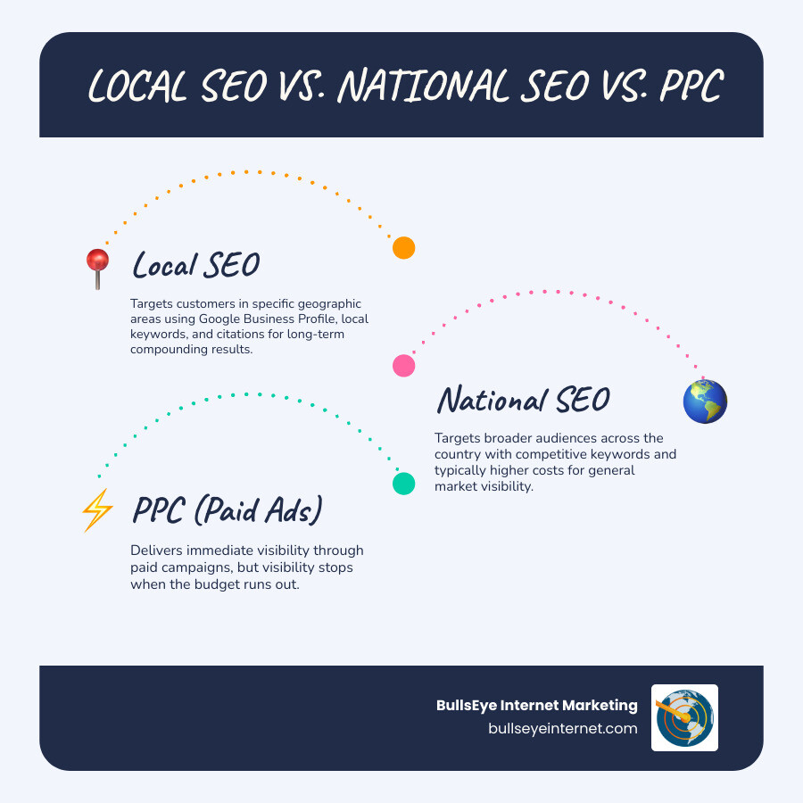 Local SEO infographic comparing Local SEO, National SEO, and PPC, highlighting strategies for targeted marketing and visibility, with branding for BullsEye Internet Marketing.