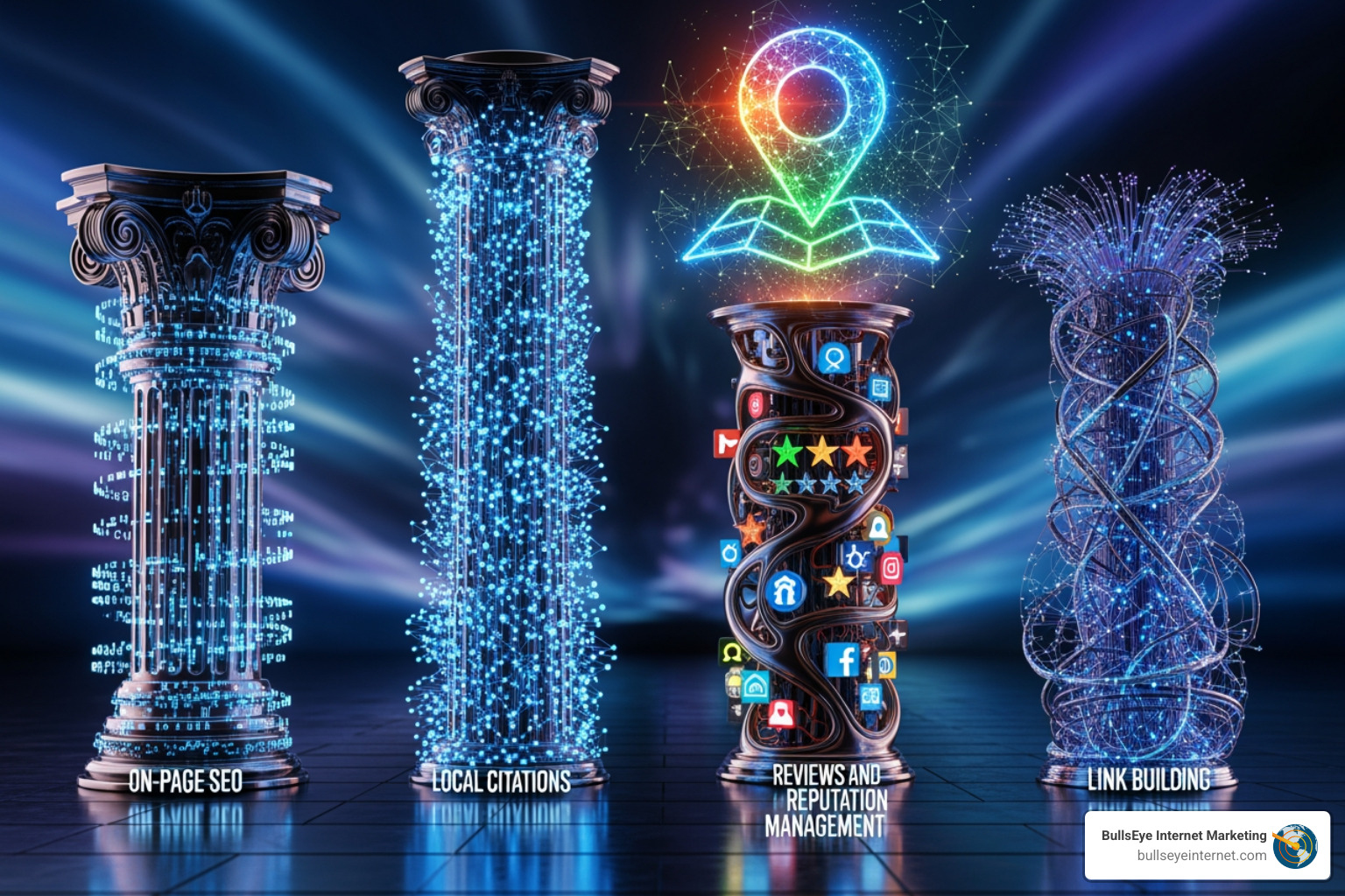 Digital columns representing local SEO pillars: On-Page SEO, Local Citations, Reviews and Reputation Management, and Link Building, illuminated with vibrant colors and icons, emphasizing digital marketing strategies for businesses in Coral Gables.