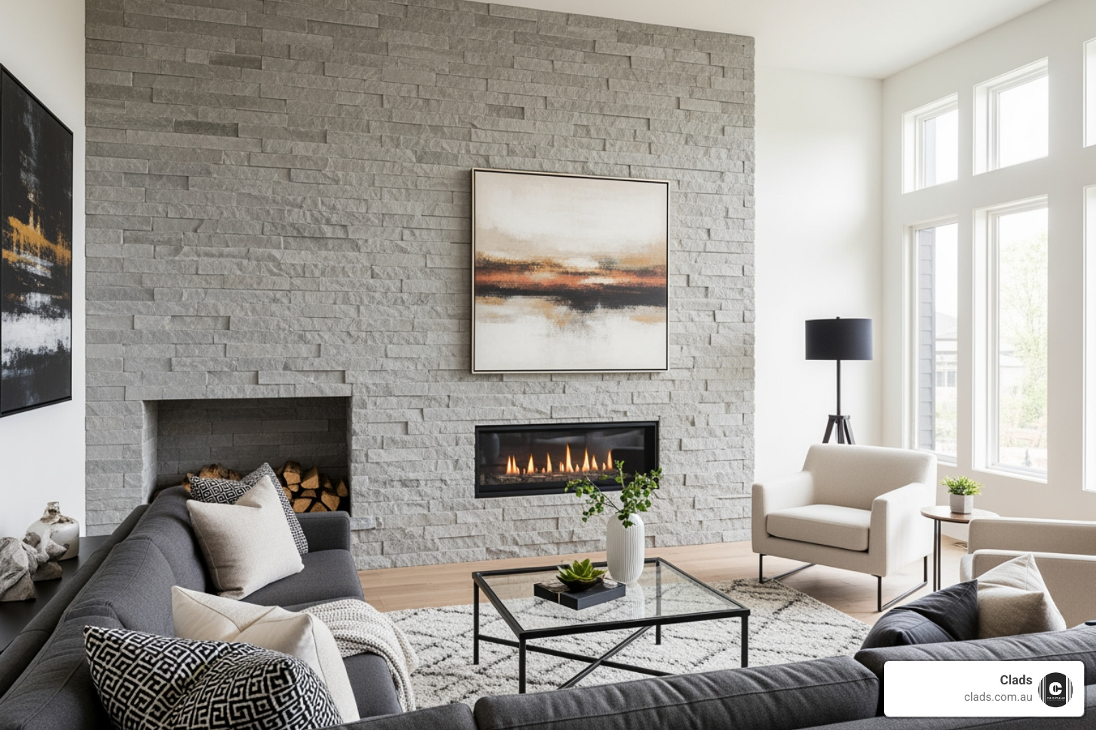 An interior living room with a stone cladding feature wall around a modern fireplace, highlighting a contemporary design aesthetic - natural stone cladding melbourne