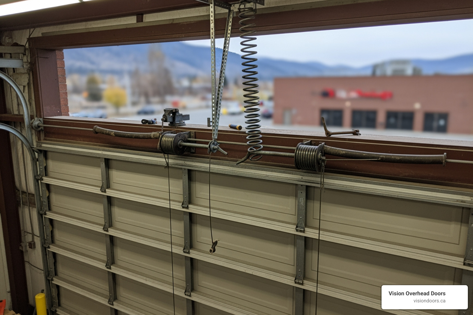 Infographic showing how a torsion spring system works: a shaft-mounted spring winds tightly to store energy, counterbalancing the weight of a heavy commercial door so it can be lifted smoothly by an opener or manually, with labels for spring, shaft, cable drums, and door weight - illustration only, not an actual product photo - commercial garage door spring repair in vernon, bc Commercial garage door springs and hardware in a workshop setting, highlighting the importance of spring repair for business operations in Vernon, BC.