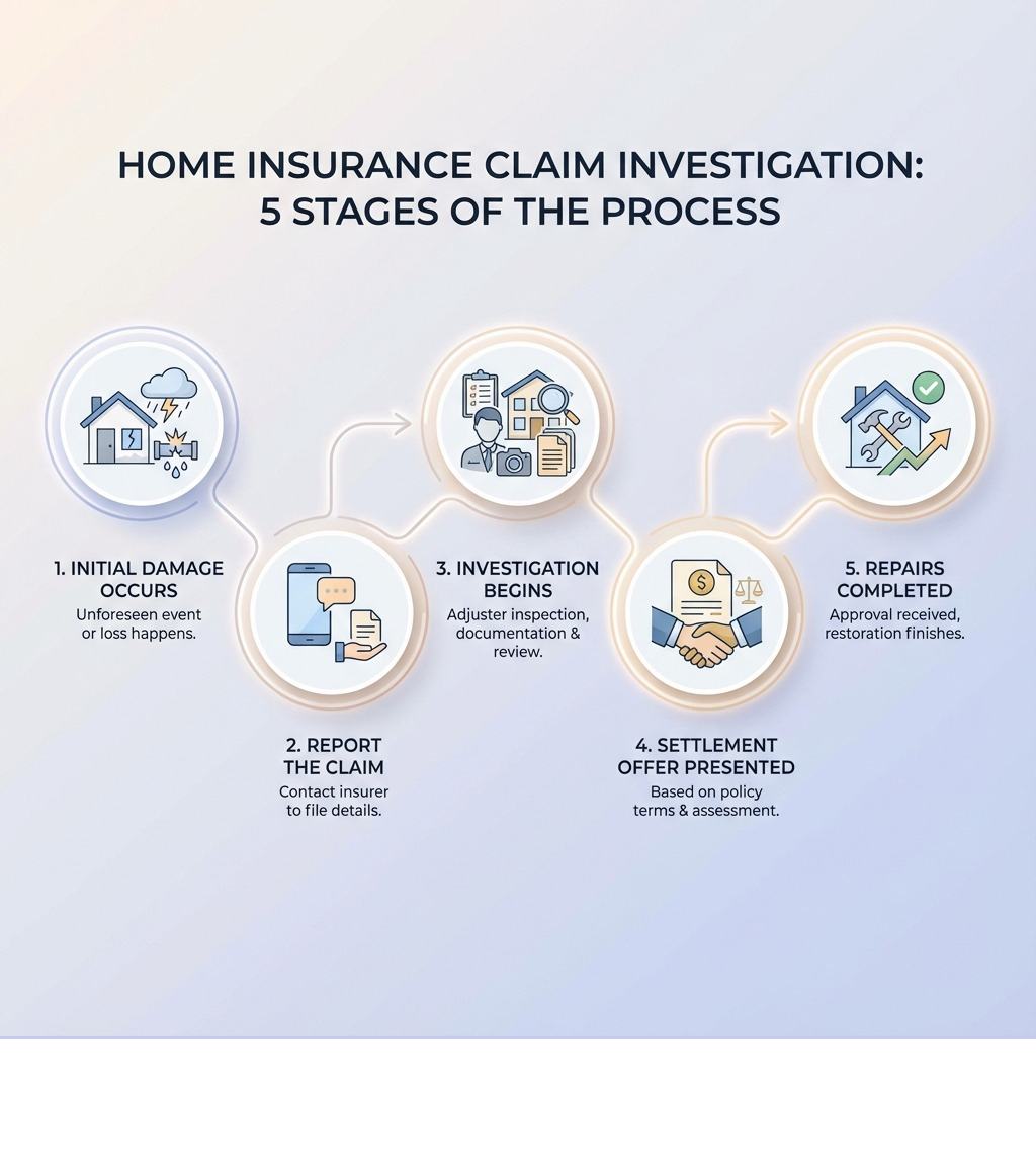 infographic showing the 5 stages of a home insurance claim investigation: 1. Initial Damage occurs, 2. Report the Claim to your insurer, 3. Investigation begins with adjuster inspection and documentation, 4. Settlement Offer is presented based on policy review, 5. Repairs are completed after approval - home insurance claim investigation process infographic infographic showing the 5 stages of a home insurance claim investigation: 1. Initial Damage occurs, 2. Report the Claim to your insurer, 3. Investigation begins with adjuster inspection and documentation, 4. Settlement Offer is presented based on policy review, 5. Repairs are completed after approval - home insurance claim investigation process infographic