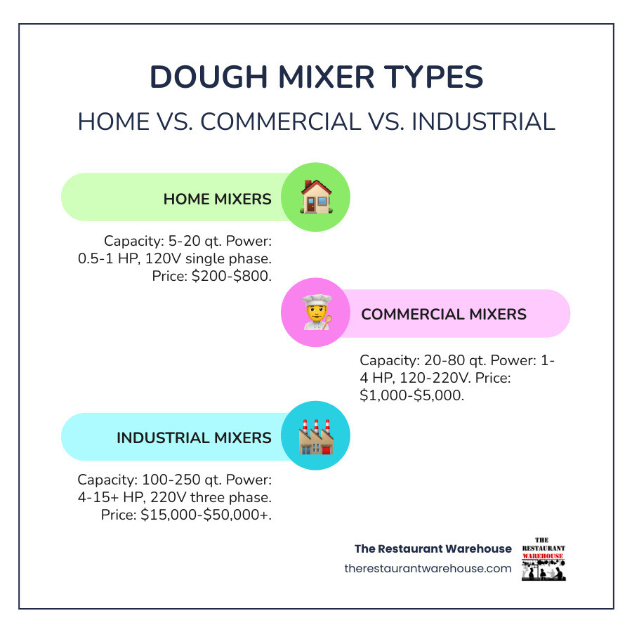 Infographic comparing home mixers (5–20 qt capacity, 0.5–1 HP, 120V single phase, $200–$800 price range) versus commercial mixers (20–80 qt capacity, 1–4 HP, 120–220V, $1,000–$5,000 price range) versus industrial mixers (100–250 qt capacity, 4–15+ HP, 220V three phase, $15,000–$50,000+ price range), showing the dramatic differences in power, capacity, electrical requirements, and applications for each category - Industrial dough mixer infographic infographic-line-3-steps-colors