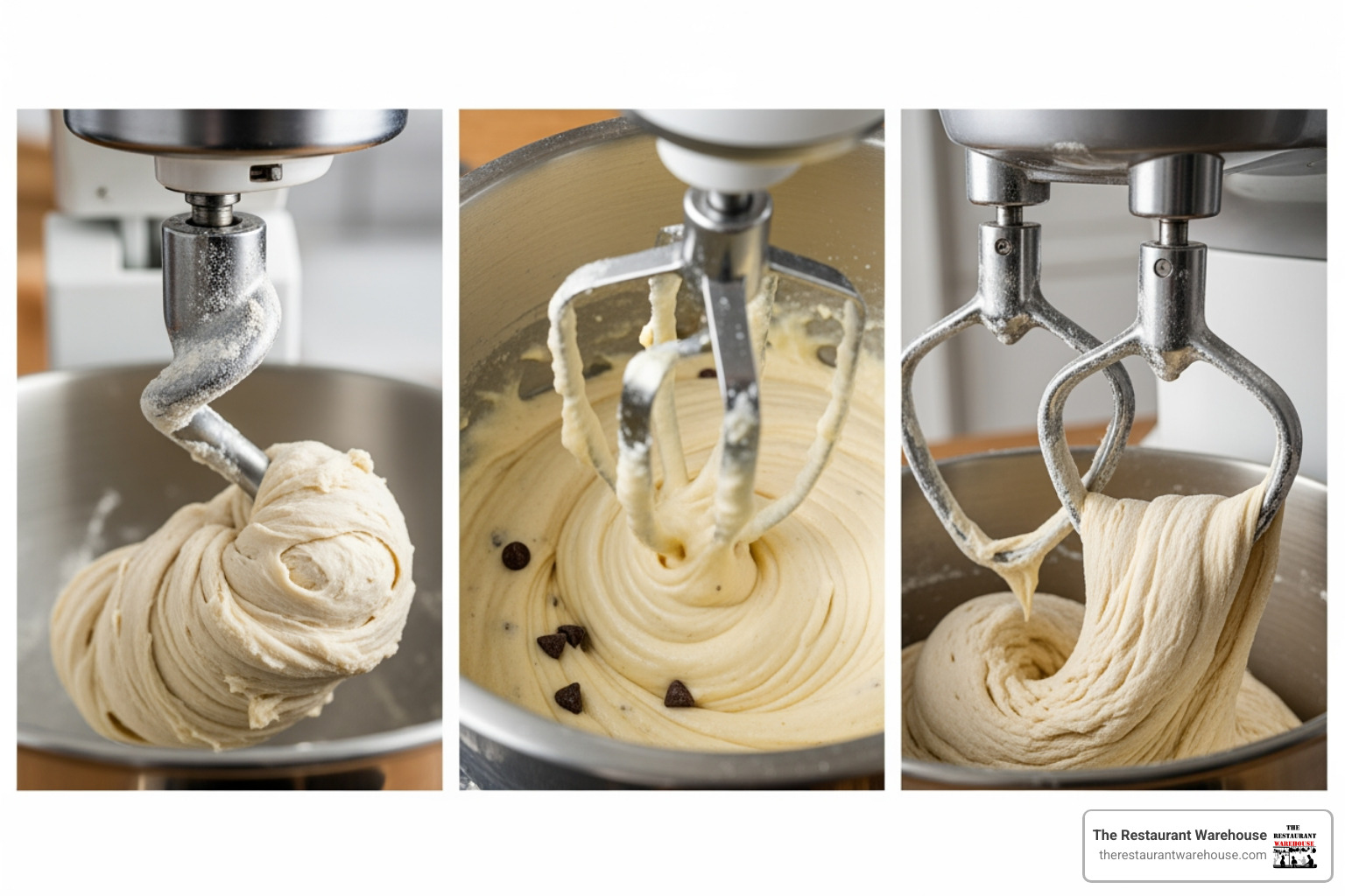 Image showing a spiral hook, a planetary beater, and a double arm mixer in action - Industrial dough mixer