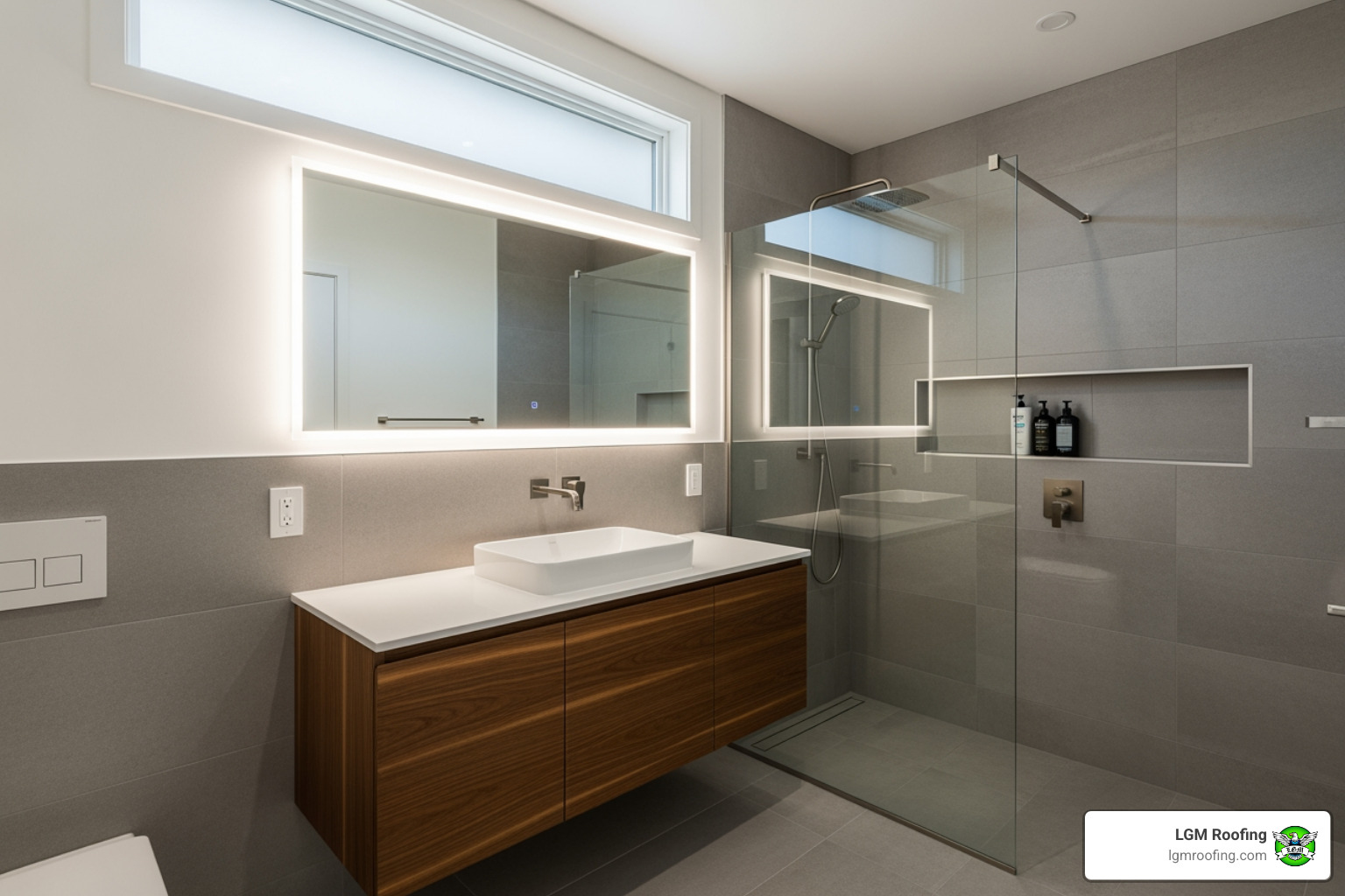 infographic showing the four-step one-day bathroom remodel process: consultation and measurement, custom off-site fabrication, morning installation start with old fixture removal, and evening completion with final walkthrough - same day bathroom remodeling in jersey city, nj Modern bathroom featuring a sleek design with a floating wooden vanity, a rectangular sink, a glass shower enclosure, and illuminated mirror, showcasing efficient same-day remodeling capabilities by LGM Roofing in Jersey City, NJ.