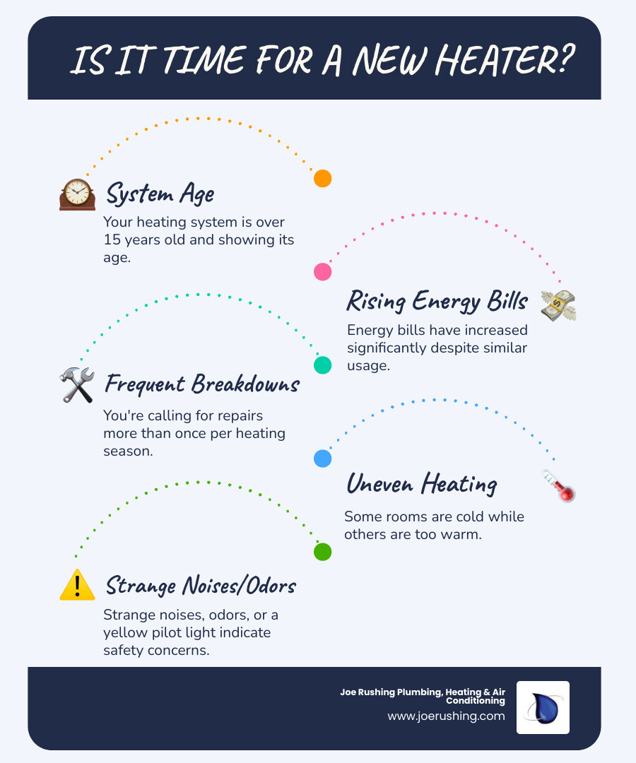 Infographic showing 5 key warning signs you need a new heating system: 1. Your system is over 15 years old and showing its age. 2. Energy bills have increased significantly despite similar usage. 3. You're calling for repairs more than once per heating season. 4. Some rooms are cold while others are too warm. 5. Strange noises, odors, or a yellow pilot light indicate safety concerns. - residential heating installation in lubbock, tx infographic infographic-line-5-steps-blues-accent_colors