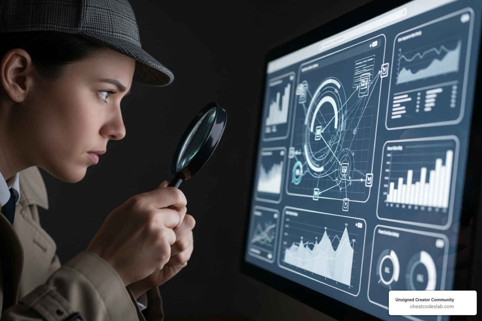 detective finding clues on a computer screen representing backlink analysis - advanced link building techniques