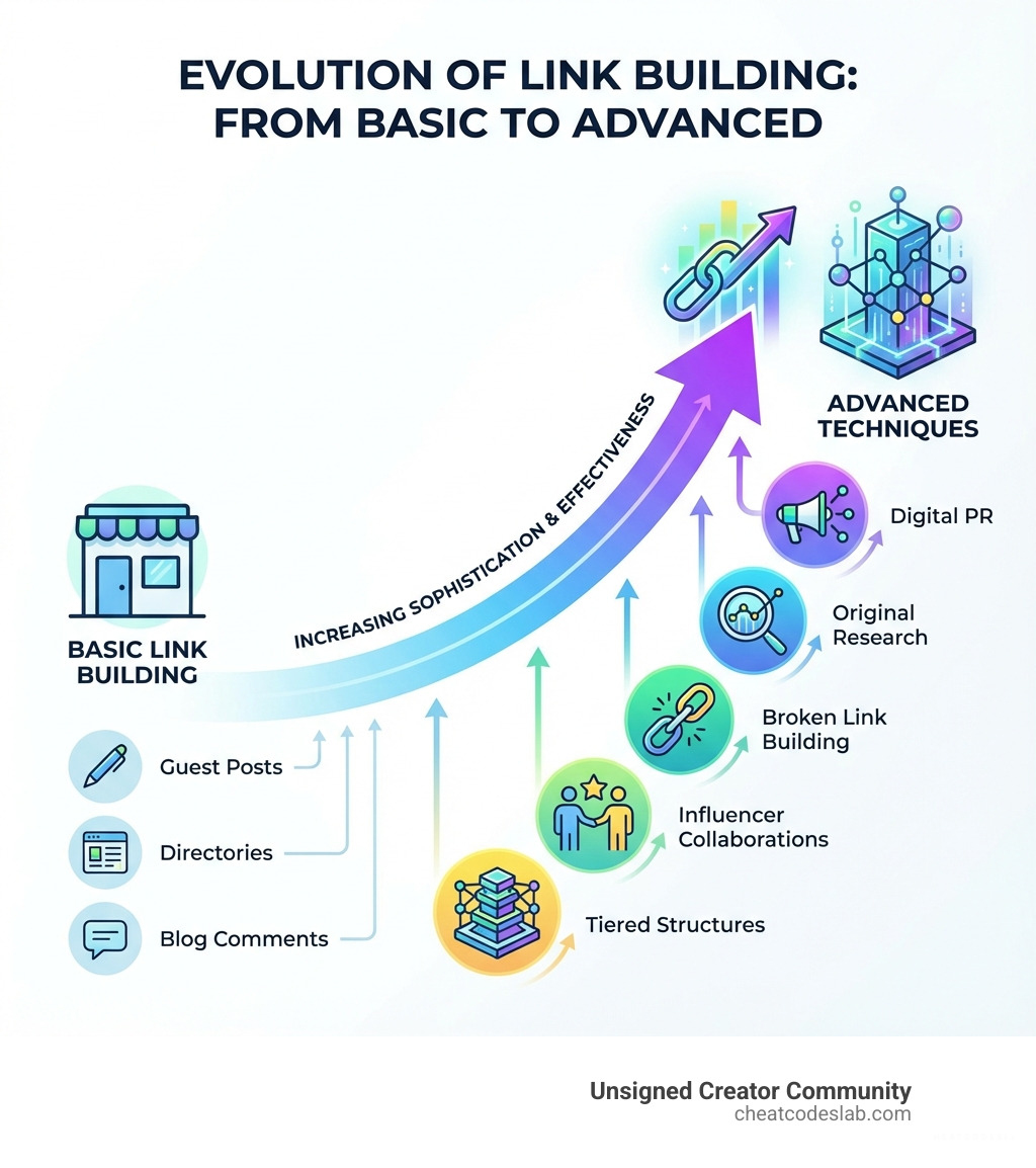 Infographic showing the evolution from basic link building (guest posts, directories, blog comments) to advanced techniques (digital PR, original research, broken link building, influencer collaborations, tiered structures) with arrows indicating increasing sophistication and effectiveness - advanced link building techniques infographic 