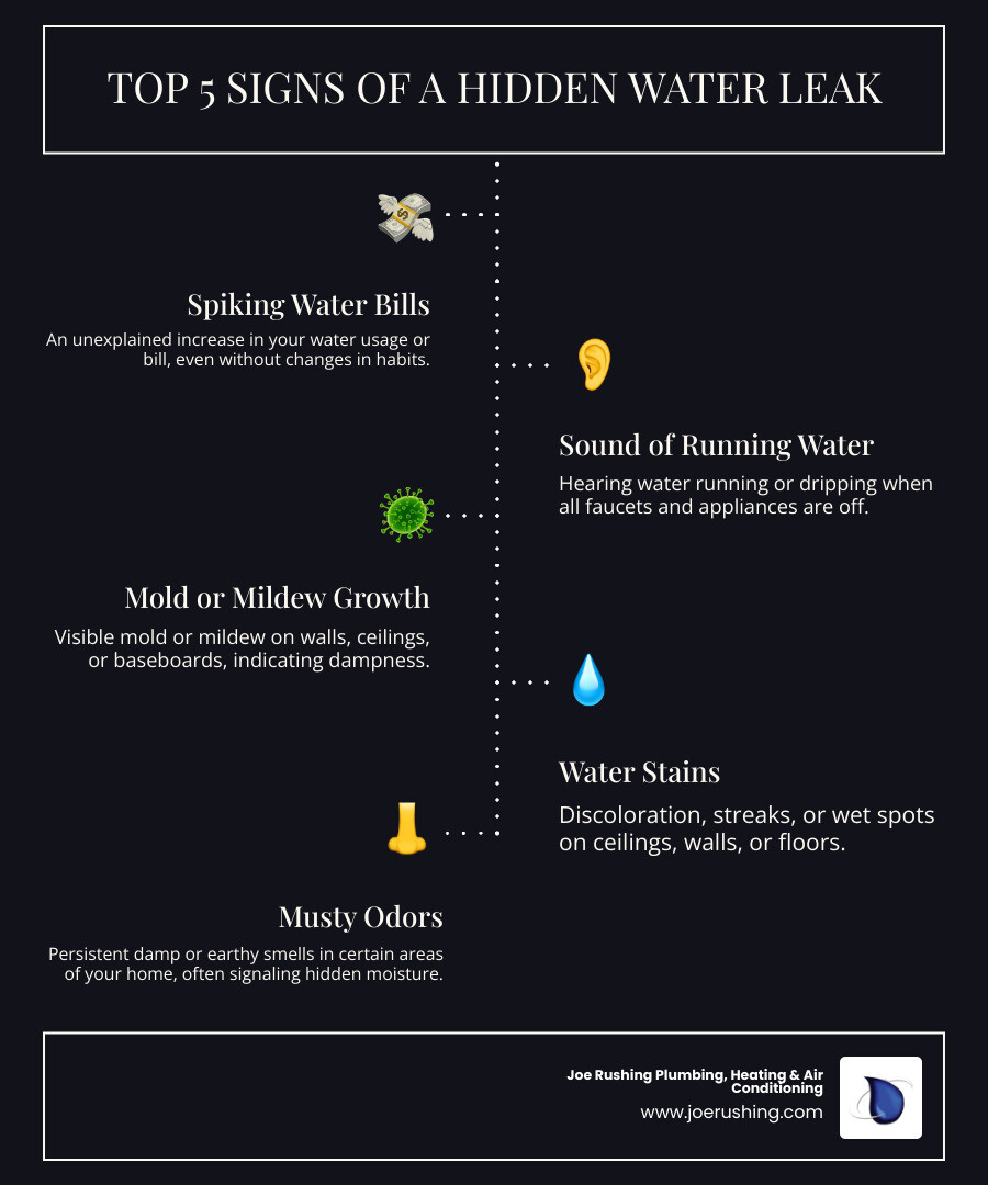 Infographic showing the top 5 signs of a hidden water leak: unexplained increase in water bill, sound of running water when faucets are off, visible mold or mildew growth, water stains on ceilings or walls, and musty odors in the home - best leak repairs in lubbock, tx infographic infographic-line-5-steps-dark