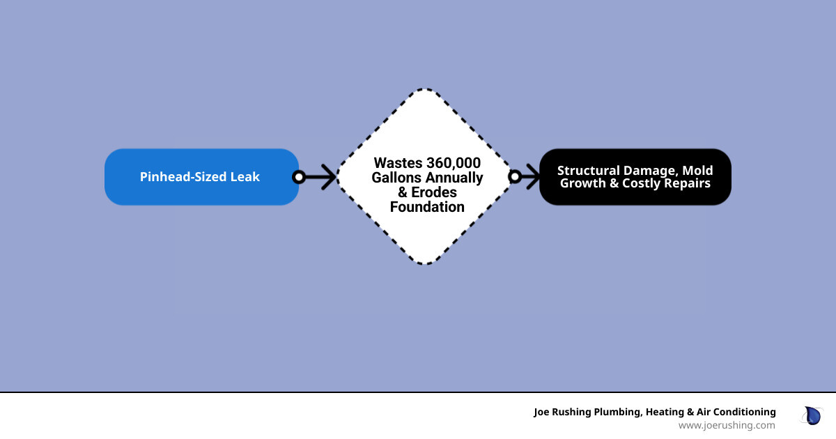 Infographic showing the progression of a pinhead-sized leak: starting with a small drip, leading to 360,000 gallons wasted annually, causing foundation erosion and cracks, resulting in structural damage, mold growth, and costly repairs—with emphasis on Lubbock's soil conditions accelerating this timeline - home leak repairs in lubbock, tx infographic flowmap_simple