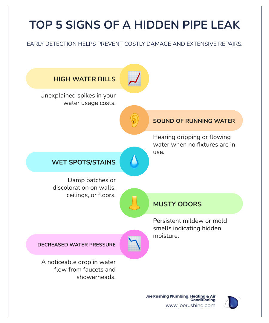 Infographic showing the top 5 signs of a hidden pipe leak: unexplained water bill increases, sound of running water when fixtures are off, wet spots on walls or ceilings, musty odors indicating mold, and decreased water pressure throughout the home - residential pipe repairs in lubbock, tx infographic infographic-line-5-steps-colors