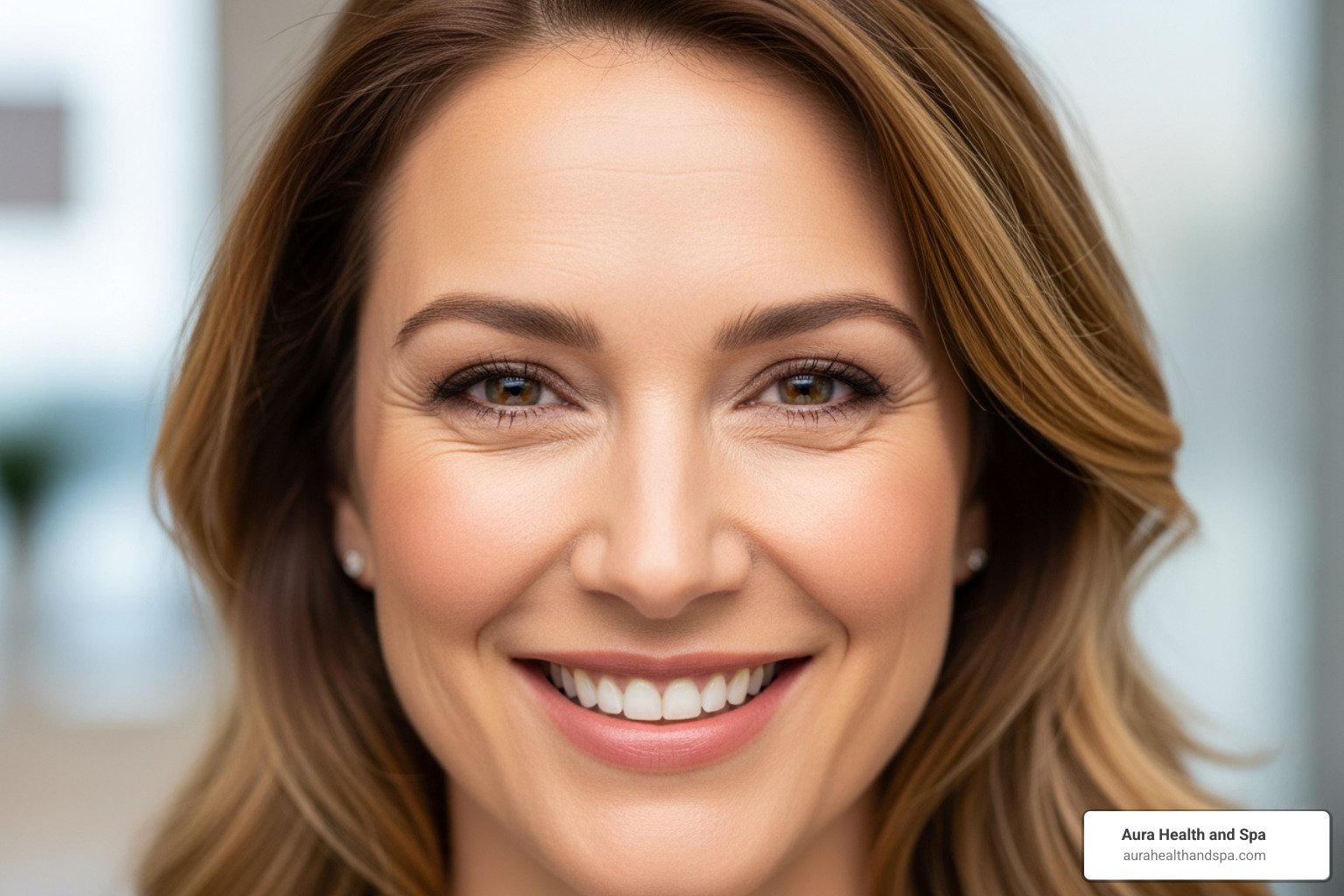 Woman smiling with reduced crow's feet after neurotoxin treatment - botox area in face