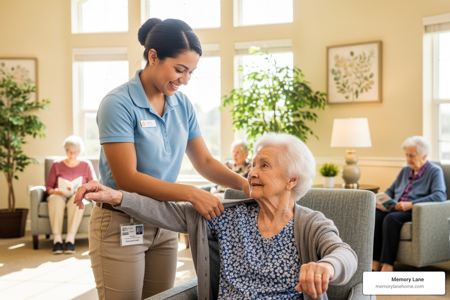 Memory Lane staff member compassionately assisting a resident - memory care davie fl