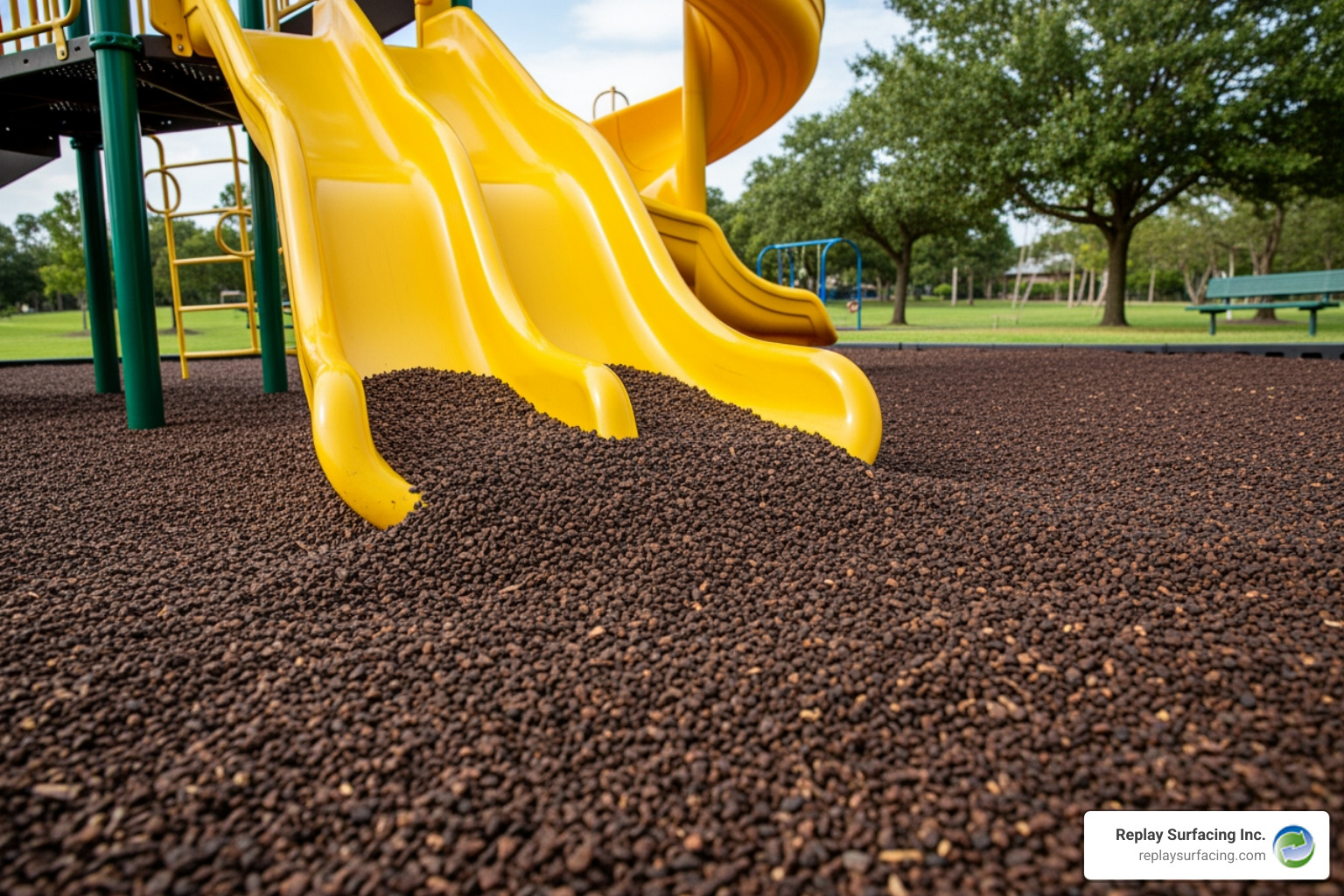 Proper depth of rubber mulch next to a playground slide - playground certified rubber mulch California