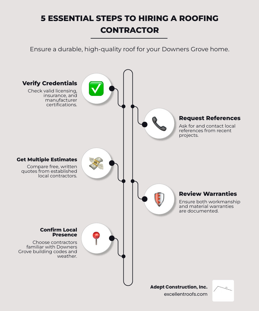 Infographic showing the 5 essential steps for hiring a roofing contractor in Downers Grove: 1. Verify licensing and insurance documentation, 2. Check manufacturer certifications and industry affiliations, 3. Request and contact local references from recent projects, 4. Compare detailed written estimates including scope and timeline, 5. Review warranty terms for both materials and workmanship - roofer downers grove il infographic infographic-line-5-steps-elegant_beige Infographic showing the 5 essential steps for hiring a roofing contractor in Downers Grove: 1. Verify licensing and insurance documentation, 2. Check manufacturer certifications and industry affiliations, 3. Request and contact local references from recent projects, 4. Compare detailed written estimates including scope and timeline, 5. Review warranty terms for both materials and workmanship - roofer downers grove il infographic infographic-line-5-steps-elegant_beige