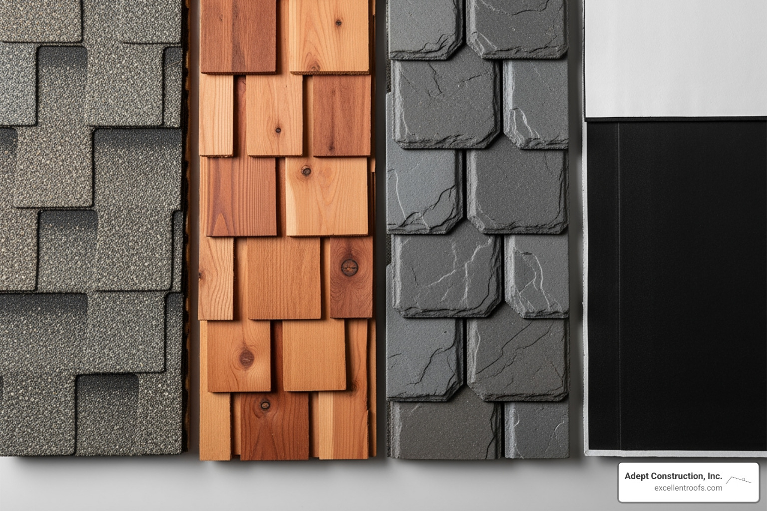 image of roofing material samples: asphalt shingles, cedar shakes, composite, and flat roofing - roofer downers grove il image of roofing material samples: asphalt shingles, cedar shakes, composite, and flat roofing - roofer downers grove il