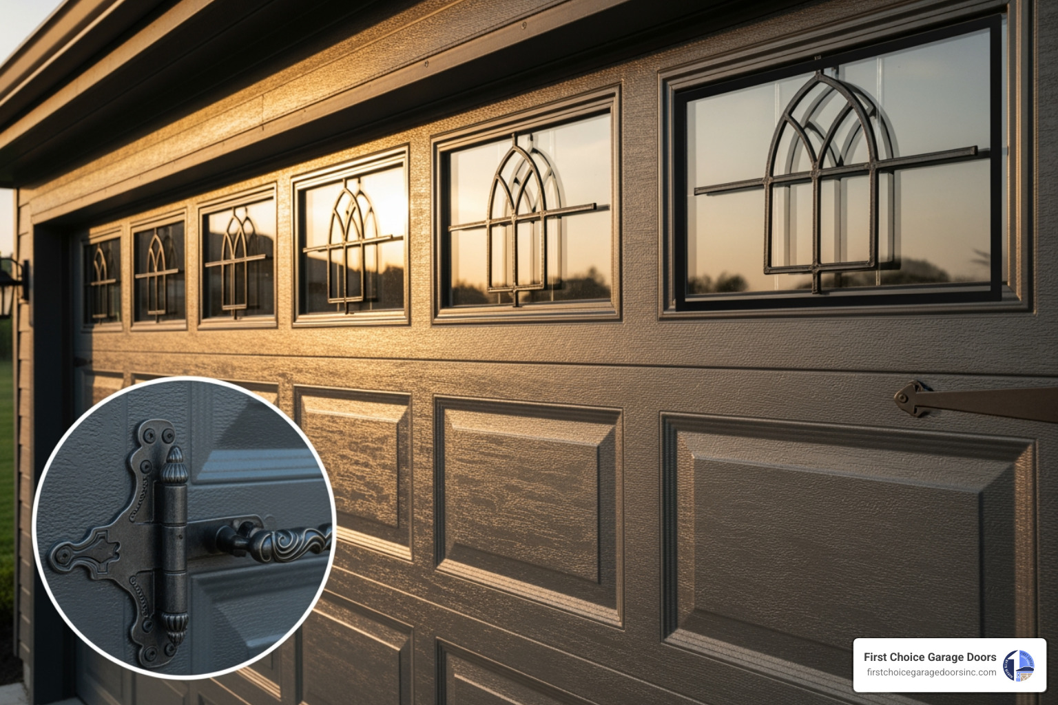 Infographic showing the main types of garage door window accessories: decorative overlays with easy installation and no cutting required, permanent window inserts with various design styles and natural light benefits, magnetic faux windows for temporary customization, and specialty glass options for privacy and aesthetic appeal - garage door window accessories