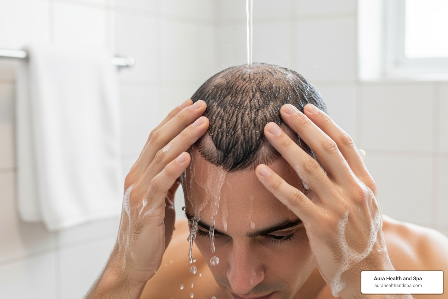 A person gently washing their hair after a surgical hair restoration procedure, emphasizing careful aftercare - FUE transplant recovery