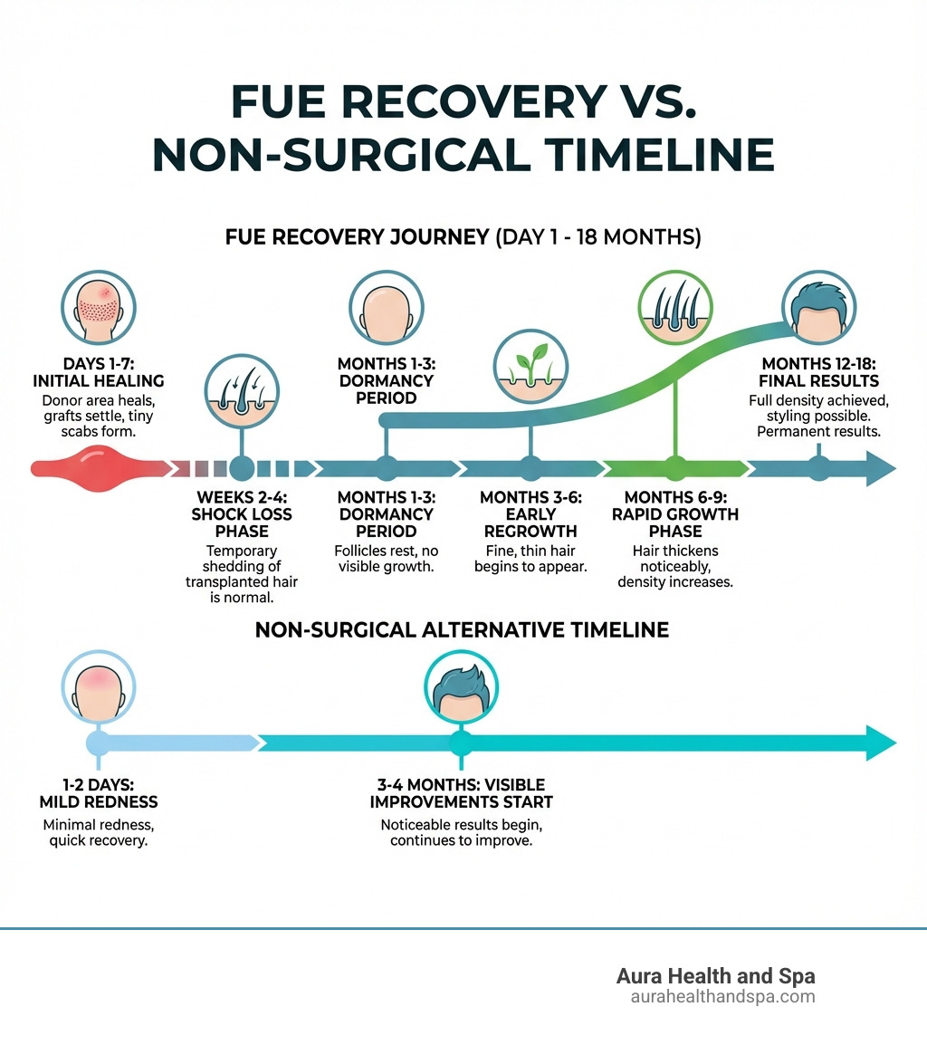 Infographic showing surgical recovery timeline from day 1 through 18 months, with key milestones including initial healing (days 1-7), shock loss phase (weeks 2-4), dormancy period (months 1-3), early regrowth (months 3-6), rapid growth phase (months 6-9), and final results (months 12-18), compared to non-surgical treatment timeline showing mild redness for 1-2 days and visible improvements starting at 3-4 months - Surgical hair restoration recovery infographic 
