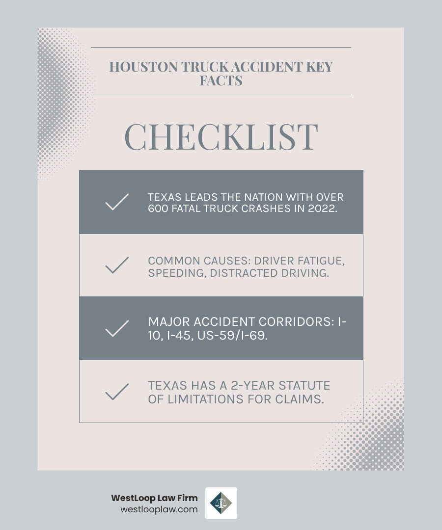infographic showing Houston truck accident statistics including 600+ fatal crashes in Texas in 2022, common causes like driver fatigue and speeding, major accident corridors I-10 I-45 and US-59, two-year statute of limitations in Texas, and types of liable parties including drivers trucking companies and manufacturers - houston truck crash lawyer infographic checklist-light-blue-grey infographic showing Houston truck accident statistics including 600+ fatal crashes in Texas in 2022, common causes like driver fatigue and speeding, major accident corridors I-10 I-45 and US-59, two-year statute of limitations in Texas, and types of liable parties including drivers trucking companies and manufacturers - houston truck crash lawyer infographic checklist-light-blue-grey