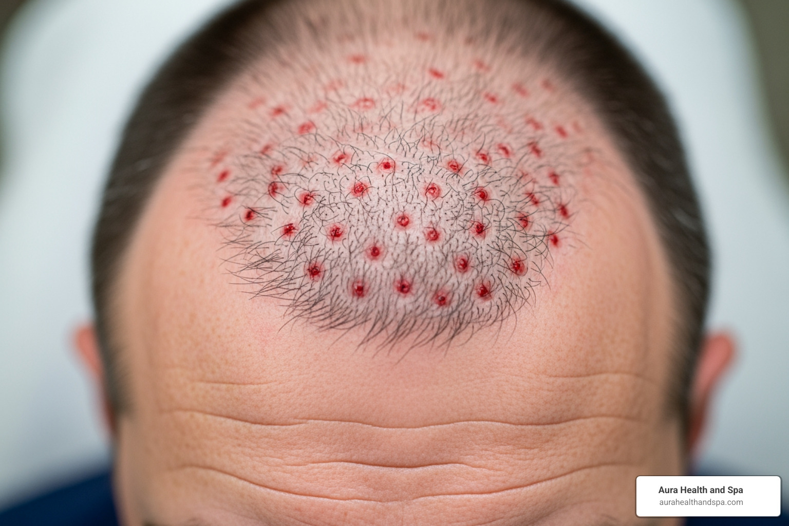 A close-up image of a person receiving PRP injections on their scalp for hair restoration - FUE transplant recovery