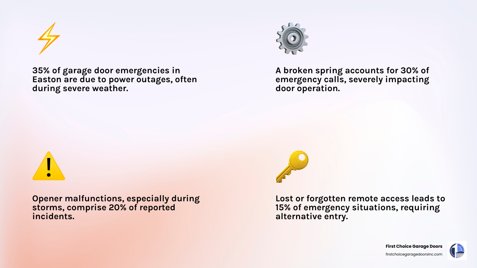 Infographic showing common garage door emergency scenarios in Easton, MD: power outage leaving residents unable to access garage (35%), broken spring preventing door operation (30%), opener malfunction during storm (20%), and lost or forgotten remote access (15%) - emergency garage door accessories in easton, md infographic 4_facts_emoji_light-gradient Infographic showing common garage door emergency scenarios in Easton, MD: power outage leaving residents unable to access garage (35%), broken spring preventing door operation (30%), opener malfunction during storm (20%), and lost or forgotten remote access (15%) - emergency garage door accessories in easton, md infographic 4_facts_emoji_light-gradient