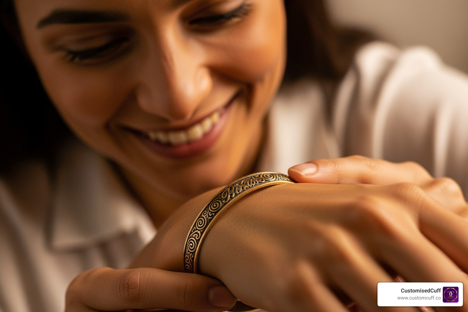 A person smiling while looking at their engraved bangle, showcasing the emotional connection to personalized jewelry. - bangle with engraving A person smiling while looking at their engraved bangle, showcasing the emotional connection to personalized jewelry. - bangle with engraving