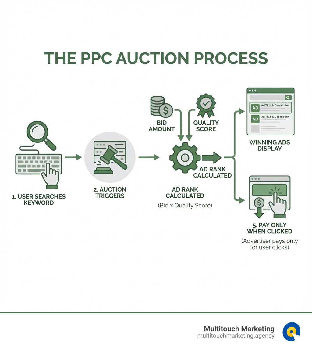 infographic showing the PPC auction process: user searches keyword, auction triggers, ad rank calculated from bid amount and quality score, winning ads display on search results page, advertiser pays only when user clicks - PPC advertising for small businesses infographic infographic showing the PPC auction process: user searches keyword, auction triggers, ad rank calculated from bid amount and quality score, winning ads display on search results page, advertiser pays only when user clicks - PPC advertising for small businesses infographic