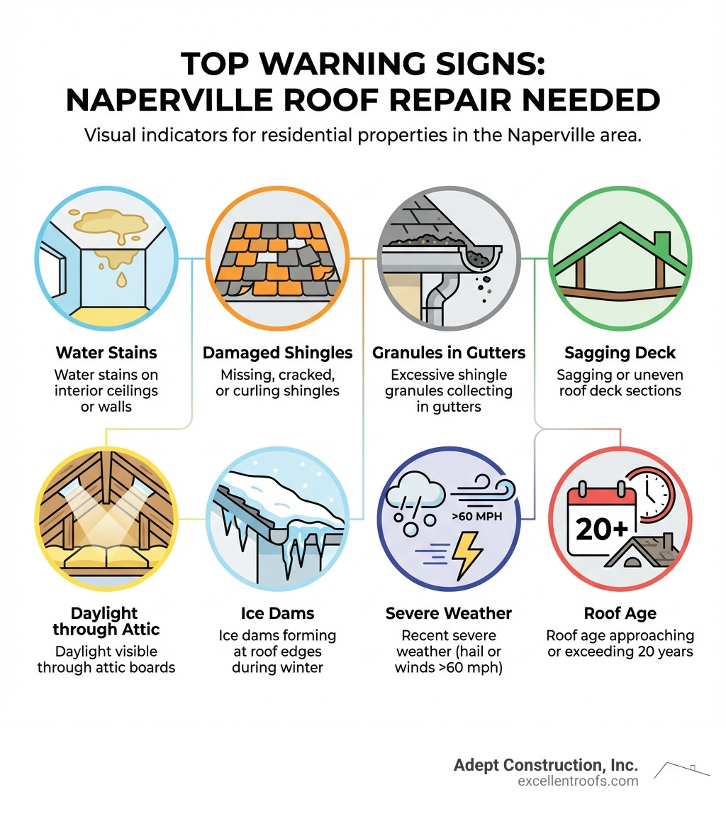 Infographic showing the top warning signs your Naperville roof needs repair: water stains on interior ceilings or walls; missing, cracked, or curling shingles visible from ground level; excessive shingle granules collecting in gutters and downspouts; sagging or uneven roof deck sections; daylight visible through attic boards or roof penetrations; ice dams forming at roof edges during winter; recent severe weather events including hail storms or high winds exceeding 60 mph; roof age approaching or exceeding 20 years with no prior maintenance - residential roof repair Naperville infographic 