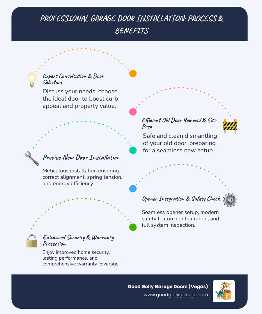 infographic showing the professional garage door installation process from consultation through safety inspection, highlighting key benefits including enhanced curb appeal, improved home security, energy efficiency from insulated doors, increased property value, modern safety features, warranty protection on parts and labor, and expert installation with proper spring tension and track alignment - garage door installation company green valley nv infographic infographic-line-5-steps-blues-accent_colors