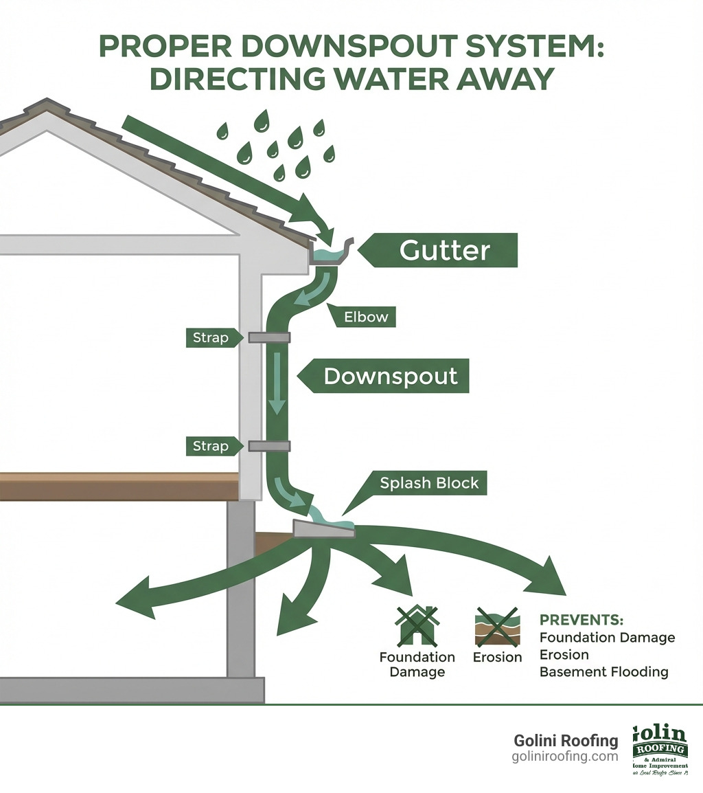 Infographic showing how a properly functioning downspout system directs water from the roof through gutters and away from the foundation, with labels for key components including gutter, downspout, elbow, strap, and splash block, and arrows showing water flow preventing foundation damage, erosion, and basement flooding - rain gutter downspout repair infographic Infographic showing how a properly functioning downspout system directs water from the roof through gutters and away from the foundation, with labels for key components including gutter, downspout, elbow, strap, and splash block, and arrows showing water flow preventing foundation damage, erosion, and basement flooding - rain gutter downspout repair infographic