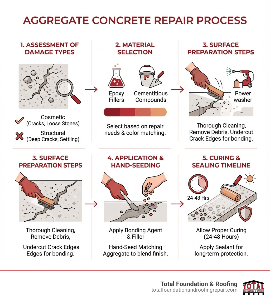 Infographic showing the complete aggregate concrete repair process: assessment of damage types, material selection including epoxy fillers and cementitious compounds, surface preparation steps, application technique with hand-seeding aggregate stones, and final curing and sealing timeline - aggregate concrete repair infographic 