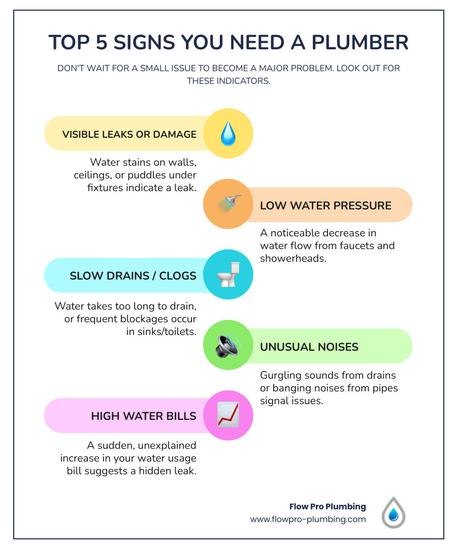 Infographic showing top 5 signs you need a plumber: visible leaks or water damage, low water pressure throughout the home, slow drains or frequent clogs, unusual gurgling or banging noises from pipes, and sudden increases in water bills - local plumber in brentwood, ca infographic infographic-line-5-steps-colors Infographic showing top 5 signs you need a plumber: visible leaks or water damage, low water pressure throughout the home, slow drains or frequent clogs, unusual gurgling or banging noises from pipes, and sudden increases in water bills - local plumber in brentwood, ca infographic infographic-line-5-steps-colors