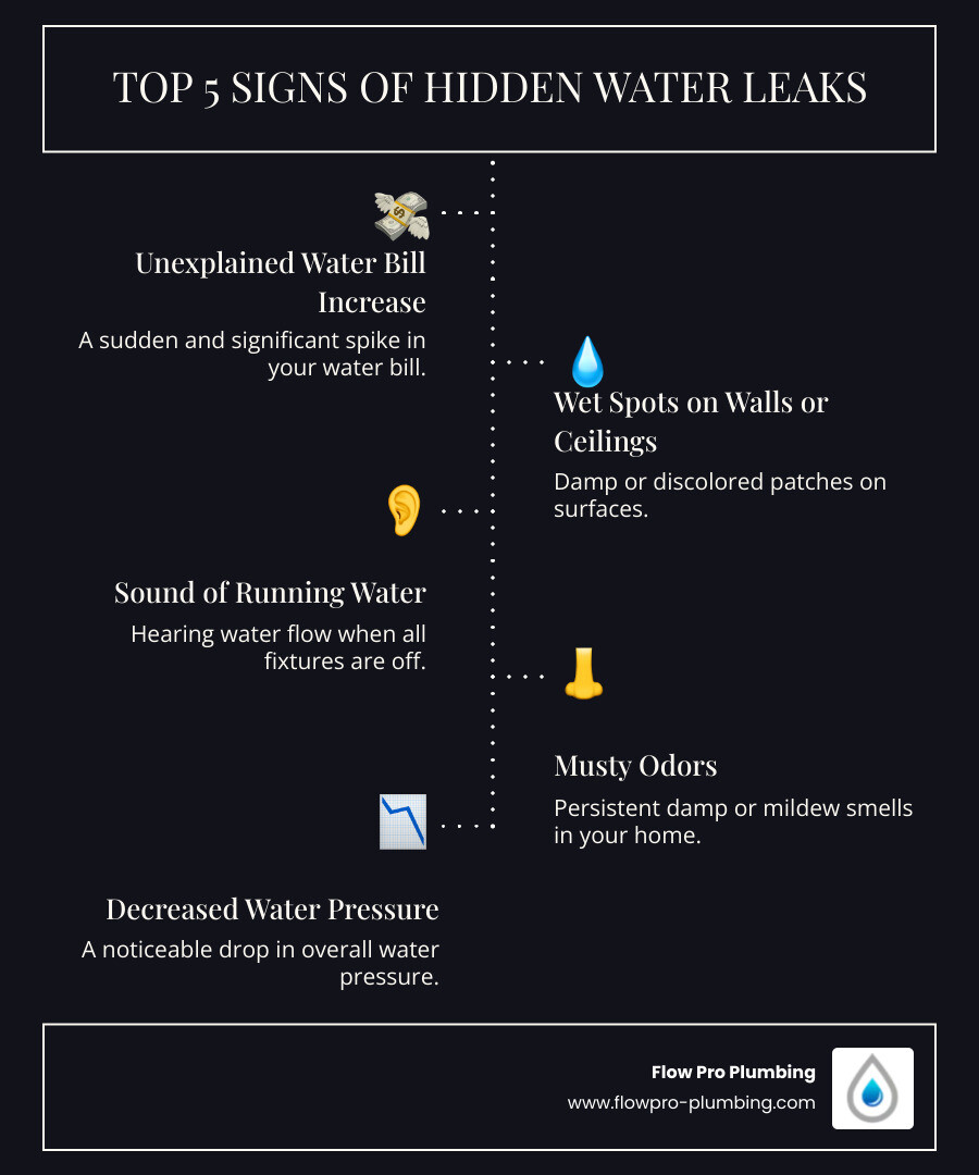 infographic showing top 5 signs of hidden water leaks including unexplained water bill increases, wet spots on walls or ceilings, sound of running water when fixtures are off, musty odors, and decreased water pressure - plumber byron ca infographic infographic-line-5-steps-dark infographic showing top 5 signs of hidden water leaks including unexplained water bill increases, wet spots on walls or ceilings, sound of running water when fixtures are off, musty odors, and decreased water pressure - plumber byron ca infographic infographic-line-5-steps-dark