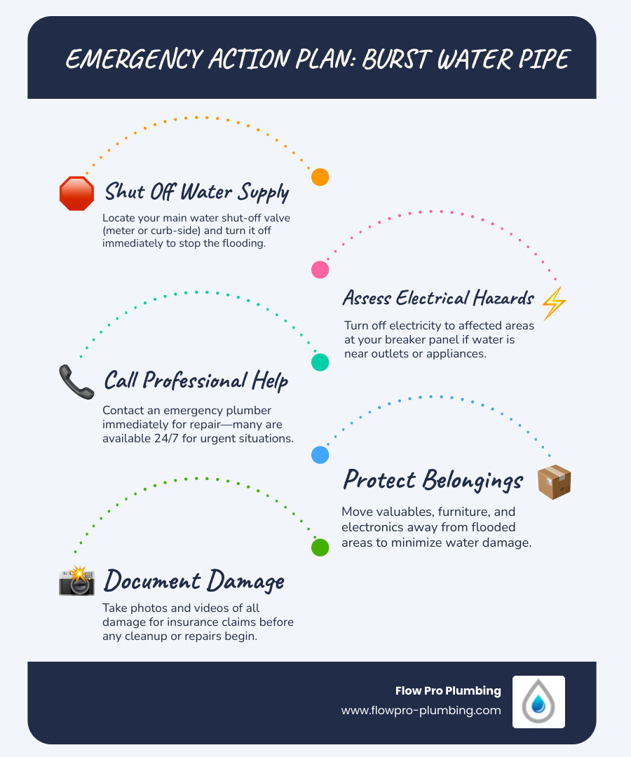 Infographic showing immediate emergency response steps for a burst water pipe: Step 1 shows a hand turning off the main water valve with text "Shut Off Main Water Supply - Find your meter or curb-side valve"; Step 2 shows a breaker panel with text "Check Electrical Safety - Turn off power to wet areas"; Step 3 shows a phone with emergency contact with text "Call Professional Help - 24/7 emergency plumbers available"; Step 4 shows items being moved with text "Protect Belongings - Move valuables away from water"; Step 5 shows a camera taking photos with text "Document Everything - Take photos for insurance claims". Timeline shows "First 5 Minutes" to "First 30 Minutes" with emphasis on rapid response. - burst water pipe in bay point, ca infographic infographic-line-5-steps-blues-accent_colors Infographic showing immediate emergency response steps for a burst water pipe: Step 1 shows a hand turning off the main water valve with text "Shut Off Main Water Supply - Find your meter or curb-side valve"; Step 2 shows a breaker panel with text "Check Electrical Safety - Turn off power to wet areas"; Step 3 shows a phone with emergency contact with text "Call Professional Help - 24/7 emergency plumbers available"; Step 4 shows items being moved with text "Protect Belongings - Move valuables away from water"; Step 5 shows a camera taking photos with text "Document Everything - Take photos for insurance claims". Timeline shows "First 5 Minutes" to "First 30 Minutes" with emphasis on rapid response. - burst water pipe in bay point, ca infographic infographic-line-5-steps-blues-accent_colors