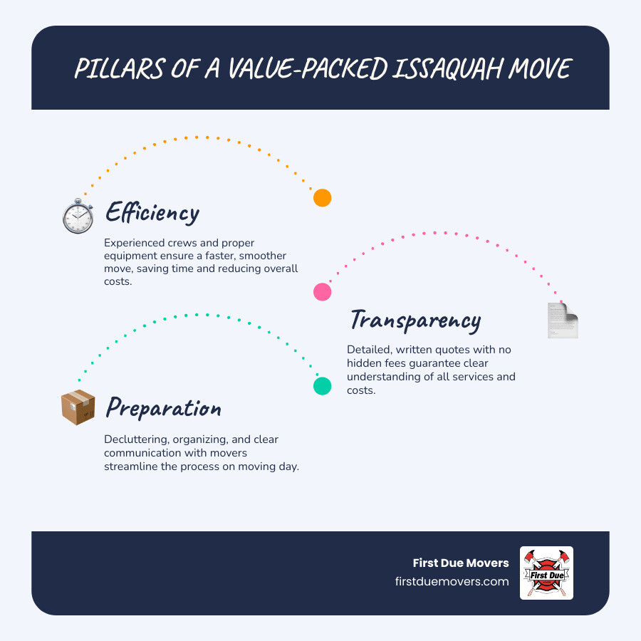Infographic showing three pillars of affordable moving value: Efficiency through trained crews and proper equipment, Transparency with detailed written quotes and no hidden fees, and Preparation including decluttering and clear communication - affordable local moves in issaquah, wa infographic infographic-line-3-steps-blues-accent_colors